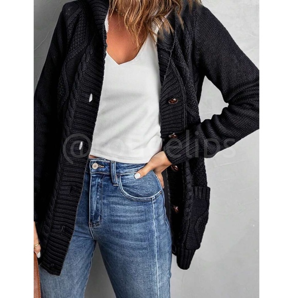 Black Sherpa Knit Hooded Cardigan Front Pockets Long Sleeves Hip Length - Picture 3 of 16